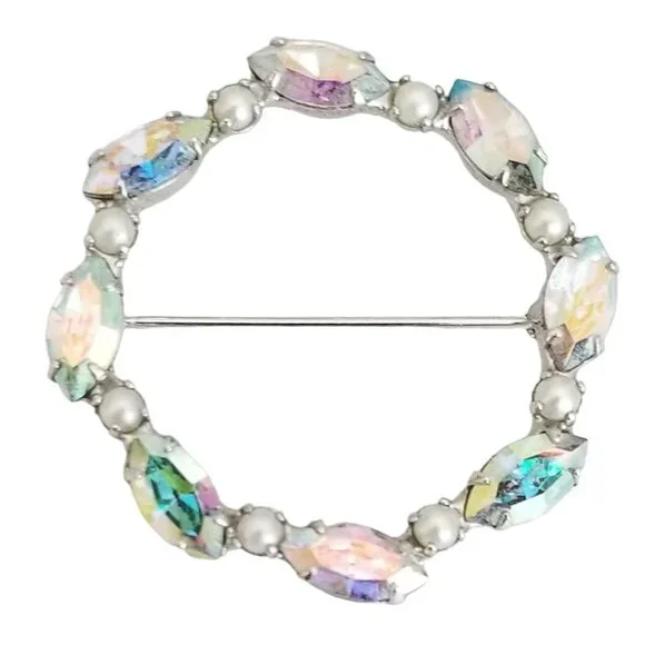 B David Silver Tone AB Rhinestone Faux Pearl Round Open Brooch Pin, Signed M354 - Picture 6 of 6